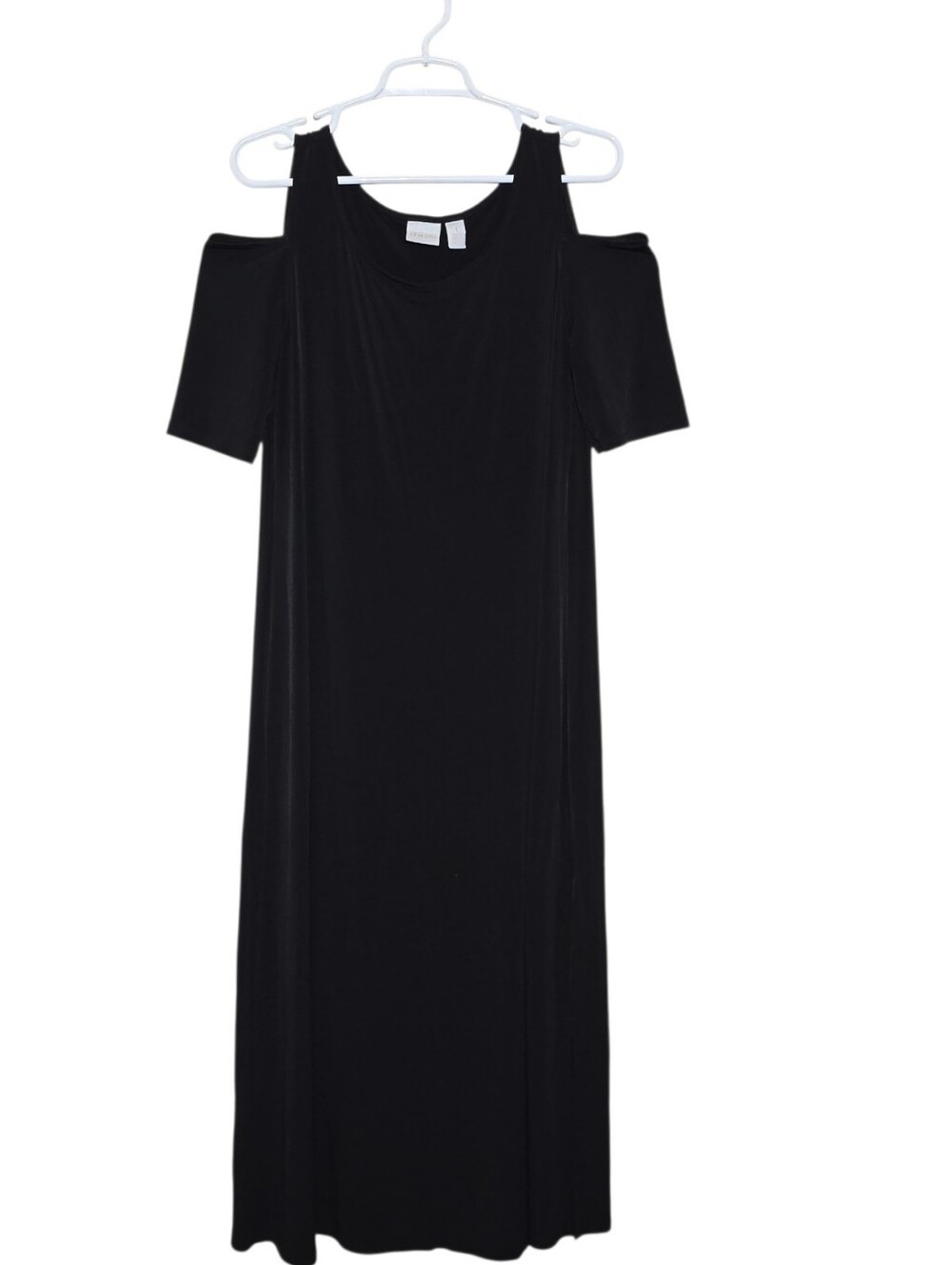 Chico's 1 Medium Women's Casual Dress Cold Shoulder Black Midi Stretch